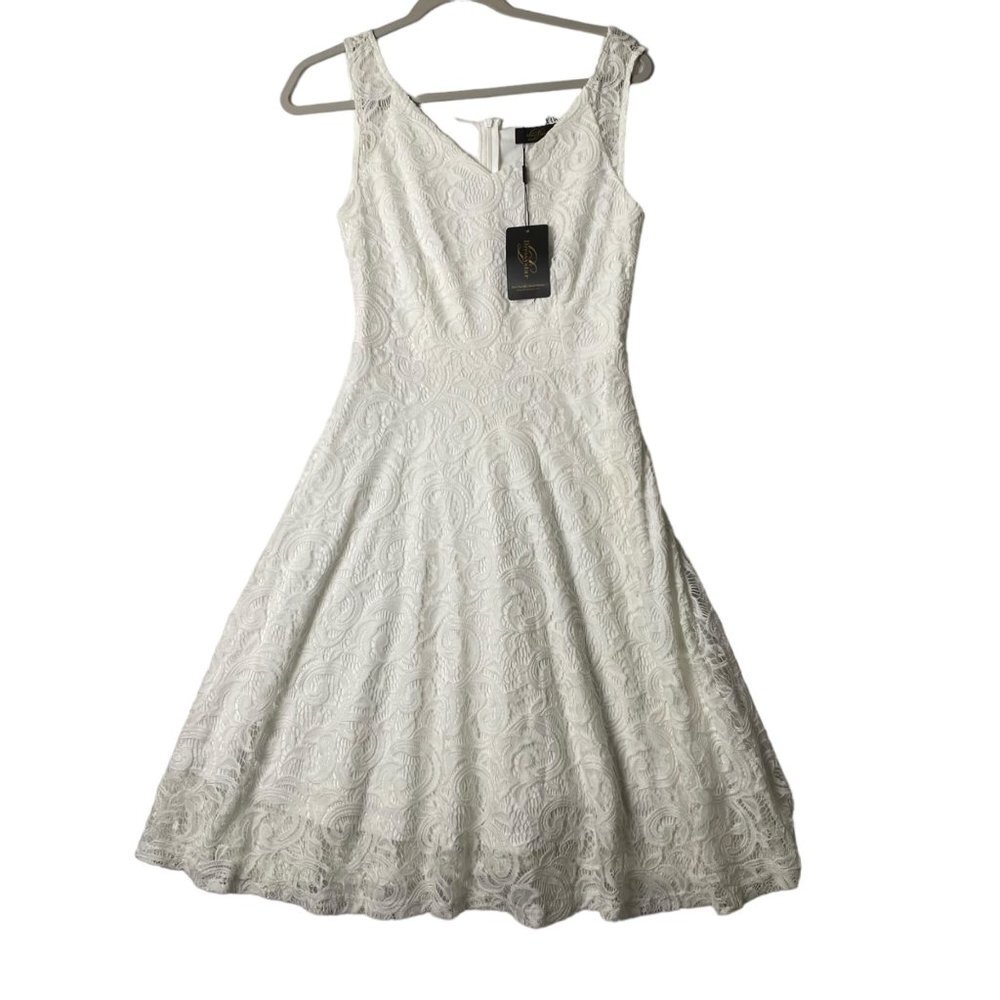NWT Dressystar Women Size Small Wedding White‎ Lace V-Neck Lined Midi Dress